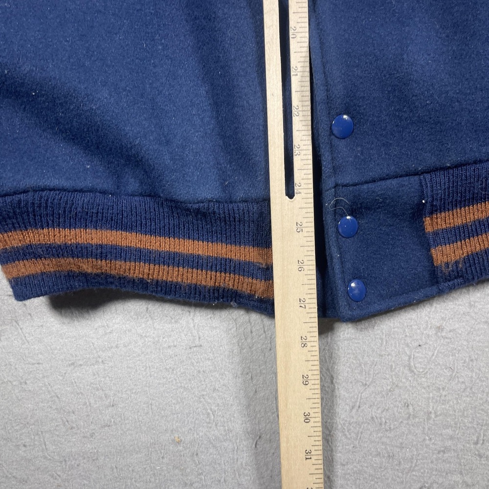 Butwin Varsity Jacket Men Large Regular Navy Blue Tan Leather Sleeve Vintage 90s - Picture 7 of 11